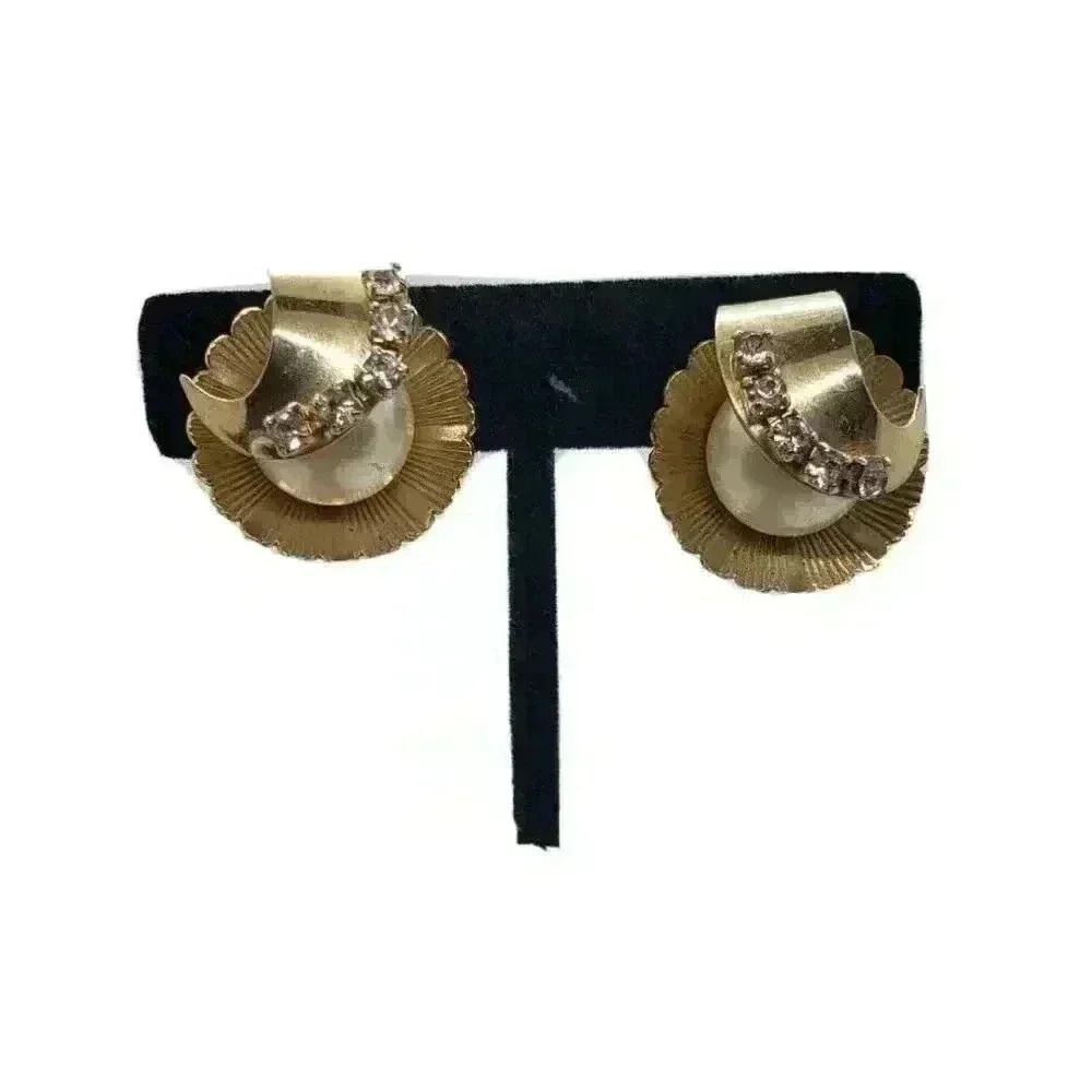 Vintage Clip Earrings Faux Pearl, Gold & Rhinestone Wrap Design Fluted Base